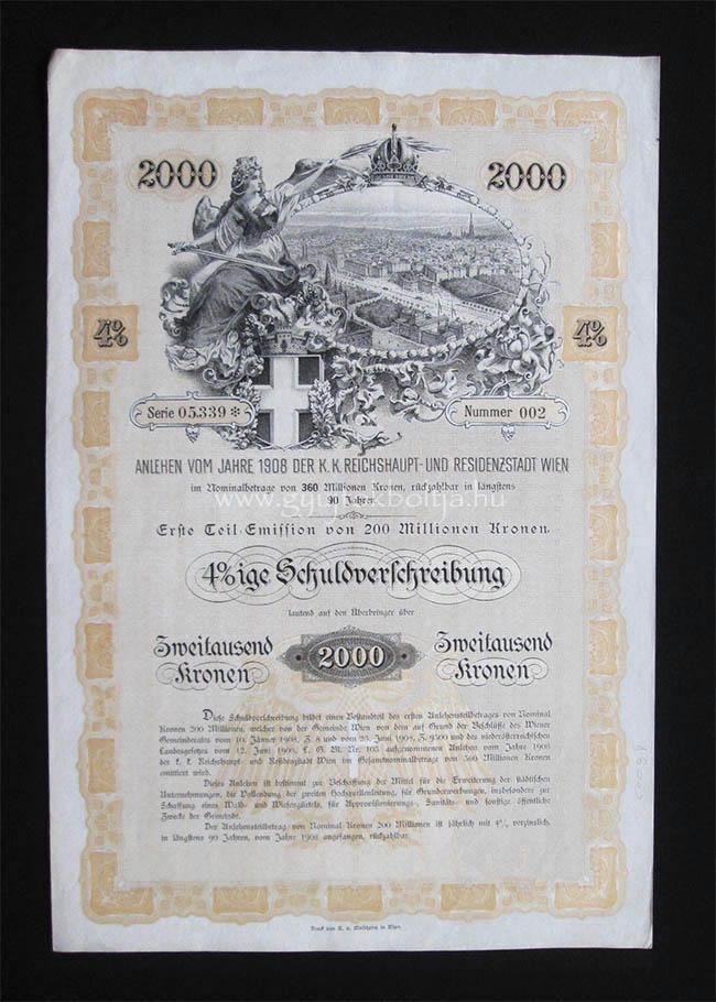Bécs város 4%-os kötvénye 2000 korona 1908